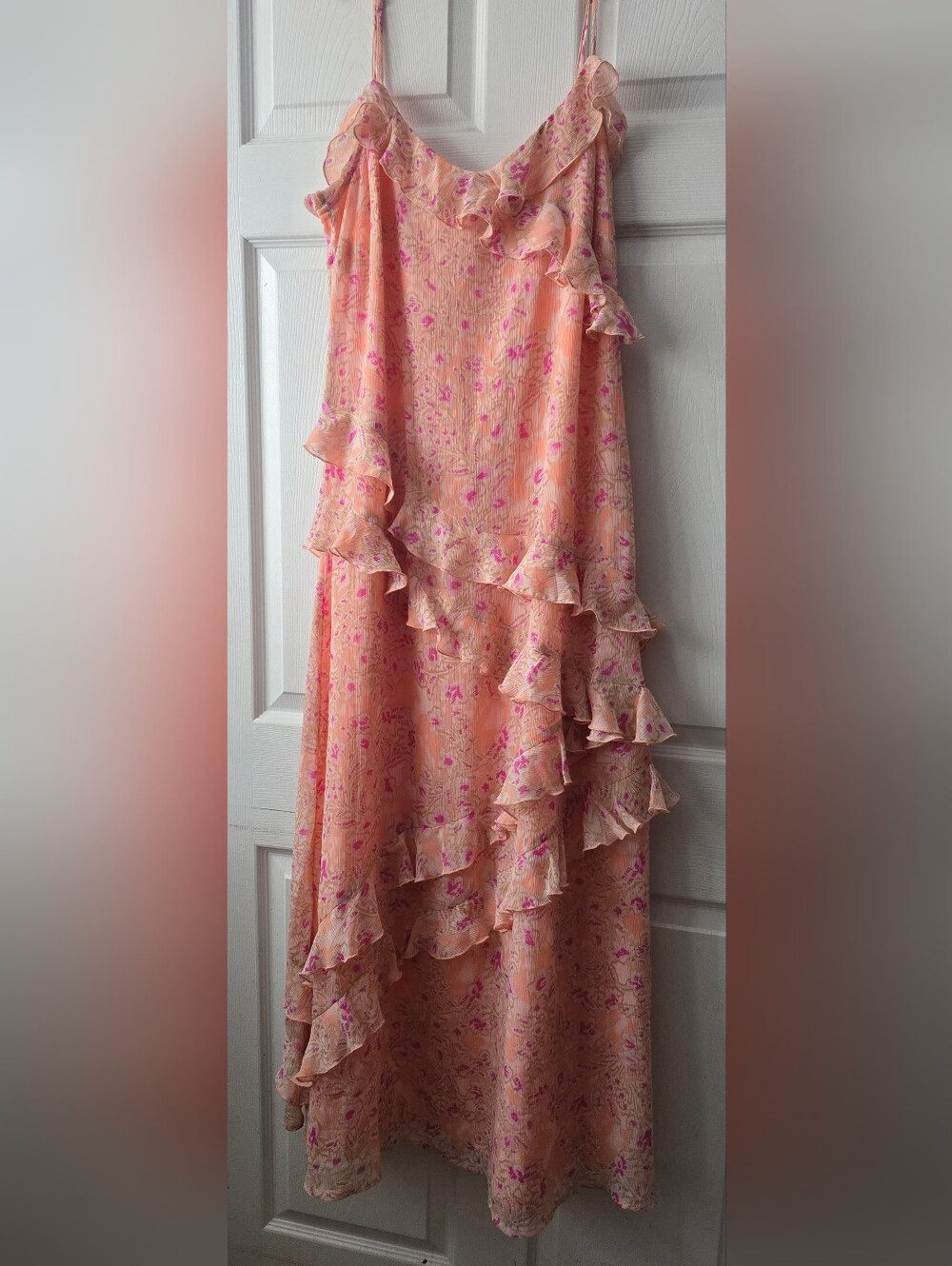 LOFT Peach-Pink Floral High-Low Ruffle Maxi Dress Size 12